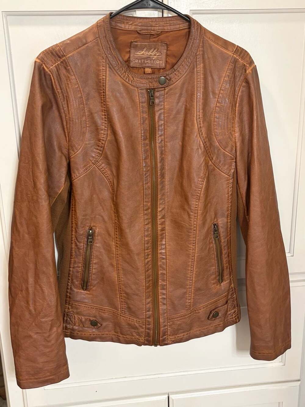 Sebby Collection Women's Brown Faux Leather Moto Stretch Panels Jacket Size L